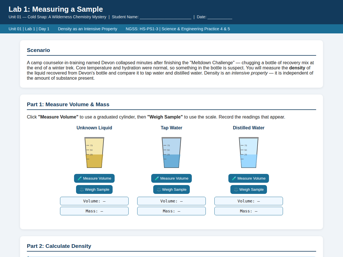 Screenshot of the Measuring a Sample lab: three graduated cylinders with Measure Volume and Weigh Sample buttons and readouts for volume and mass.
