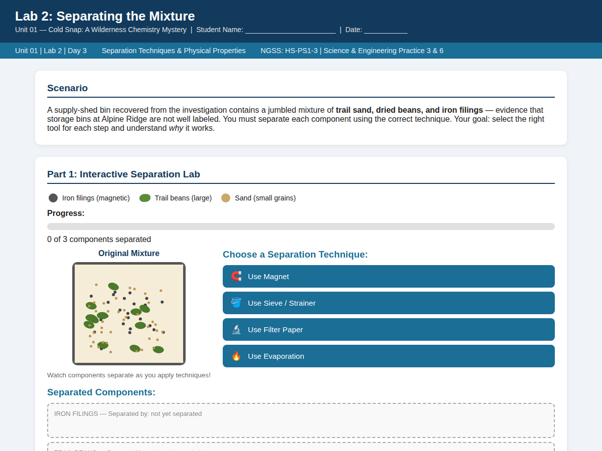 Screenshot of Lab 2: an interactive separation lab with a bin containing sand, beans and iron filings, and a set of separation tools to apply in sequence.